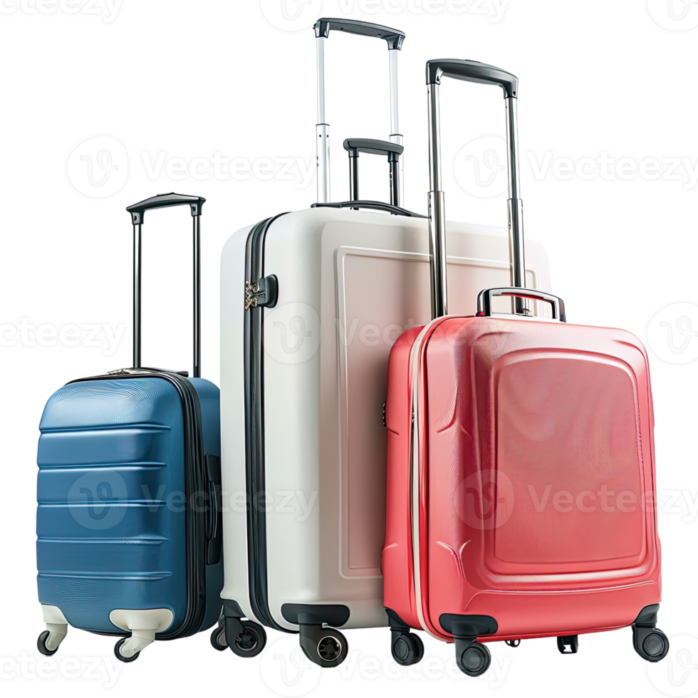 Colorful travel suitcases, summer vacation concept, focus on suitcases png