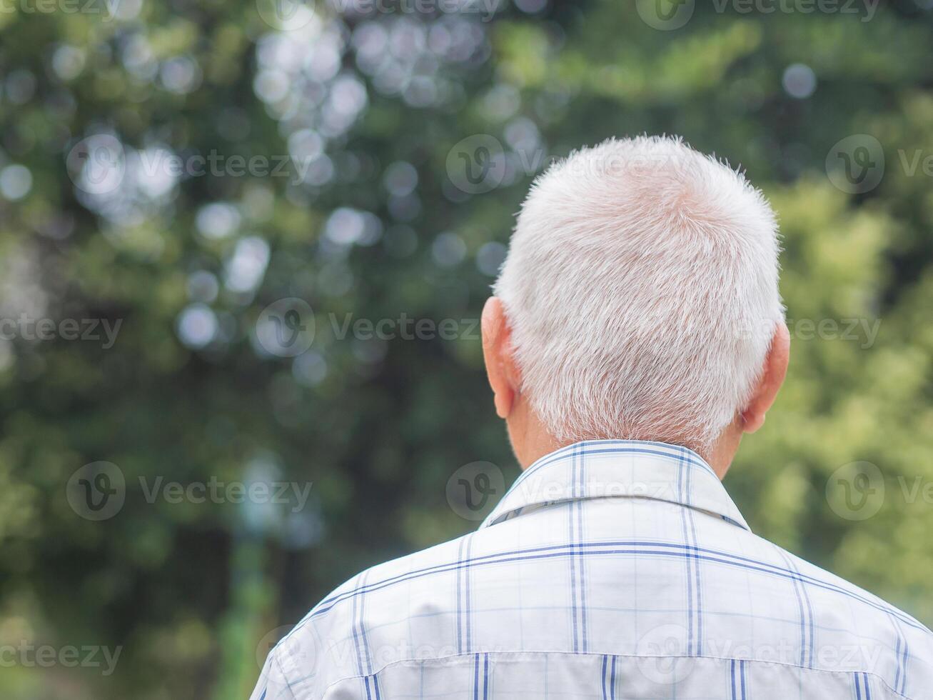 Back view of an elderly man with short gray hair while standing outdoors. Space for text. Aged people and relaxation concept photo