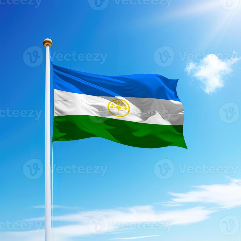 Waving flag of Bashkortostan is a region of Russia on flagpole photo