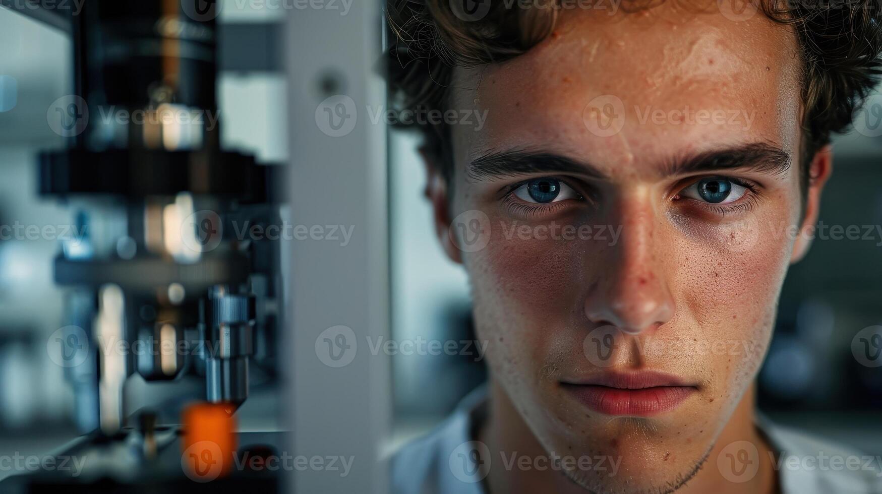 Focused close-up portrait of a young Dutch male engineer working on a technical project photo