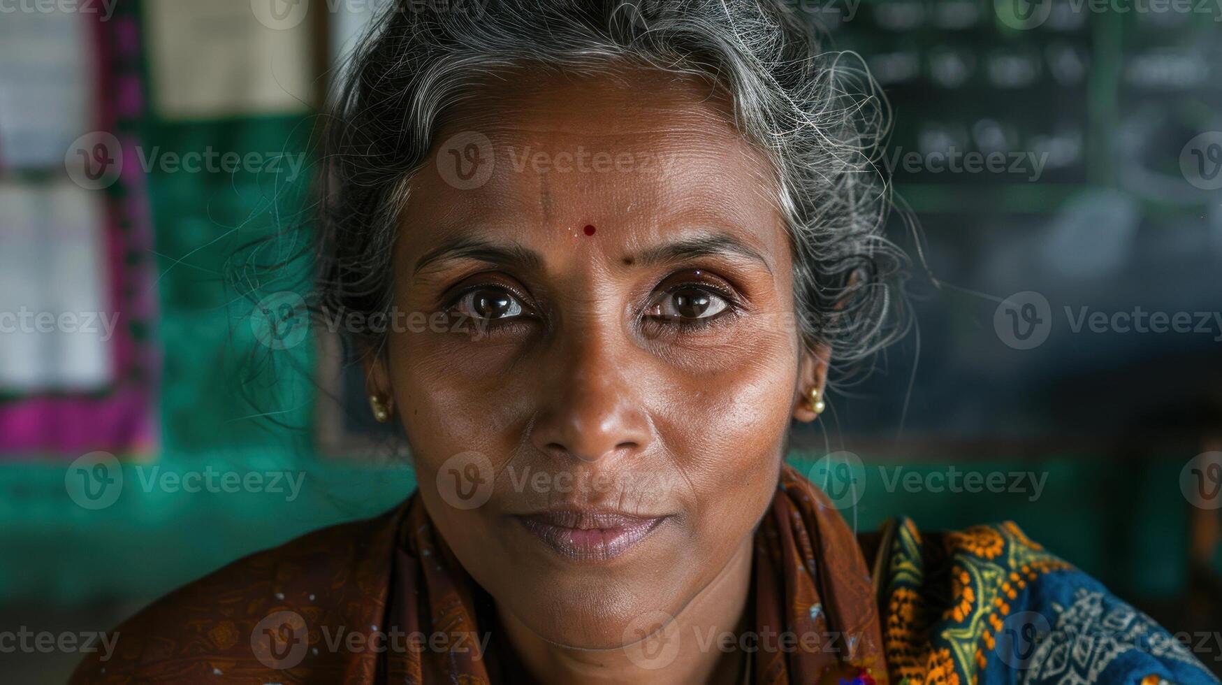 A close-up portrait of a middle-aged Sanskrit female teacher photo