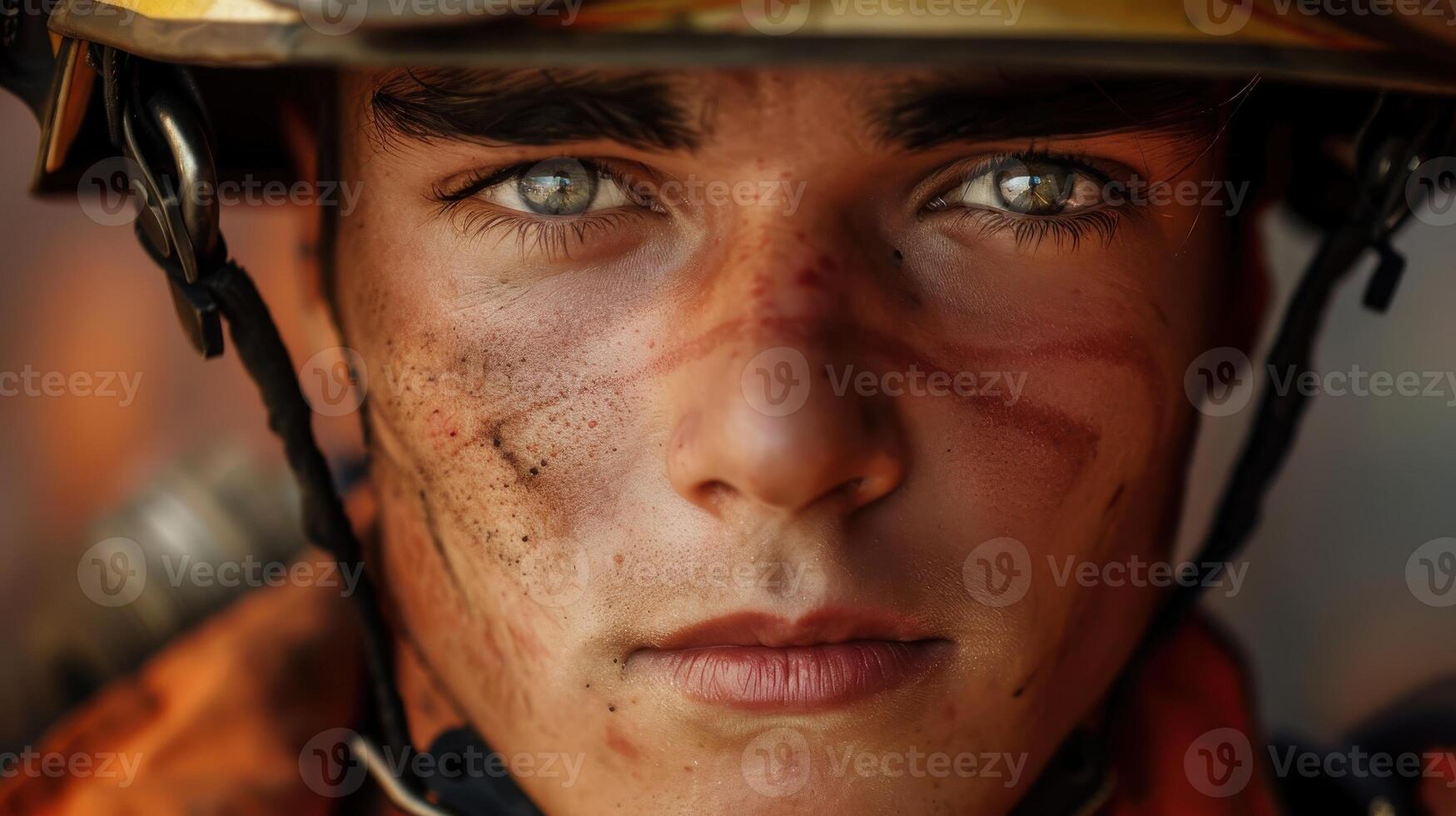 A close-up portrait of a young American male firefighter photo