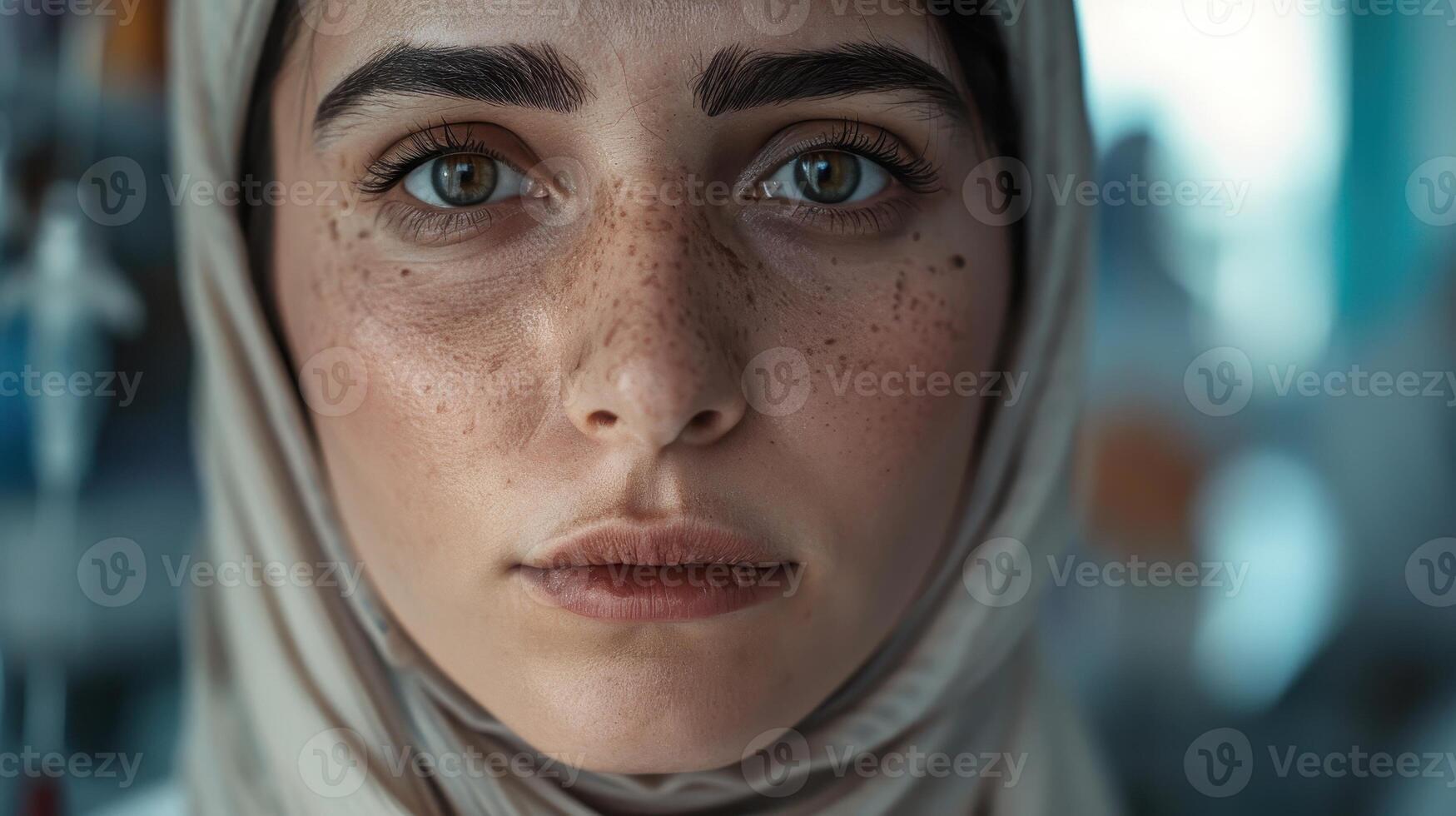 A close-up portrait of a young Bedouin female doctor photo