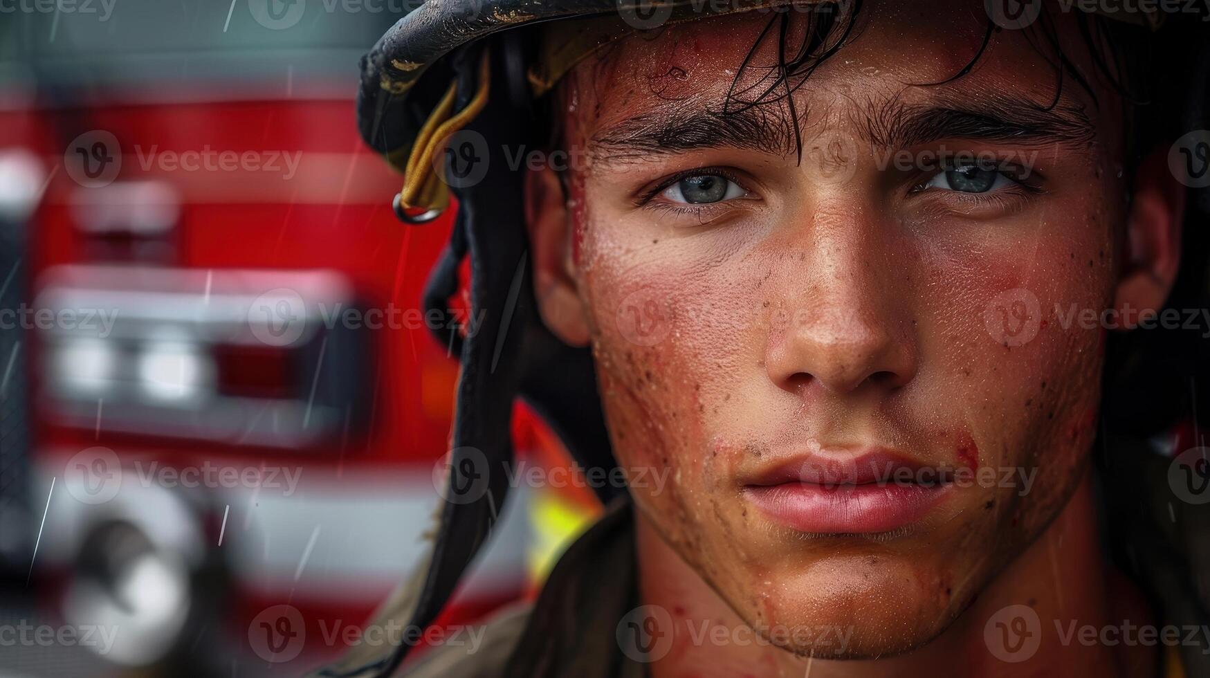 Close-up portrait of a young American male firefighter photo