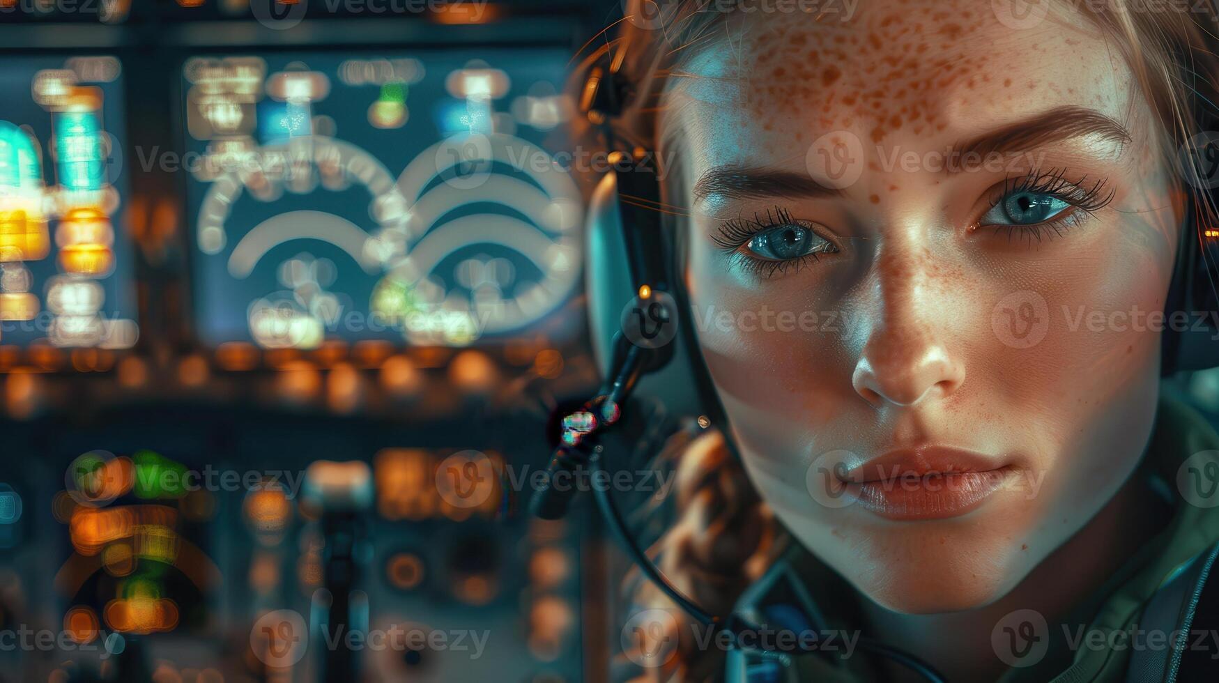 A close-up portrait of a young American female pilot photo