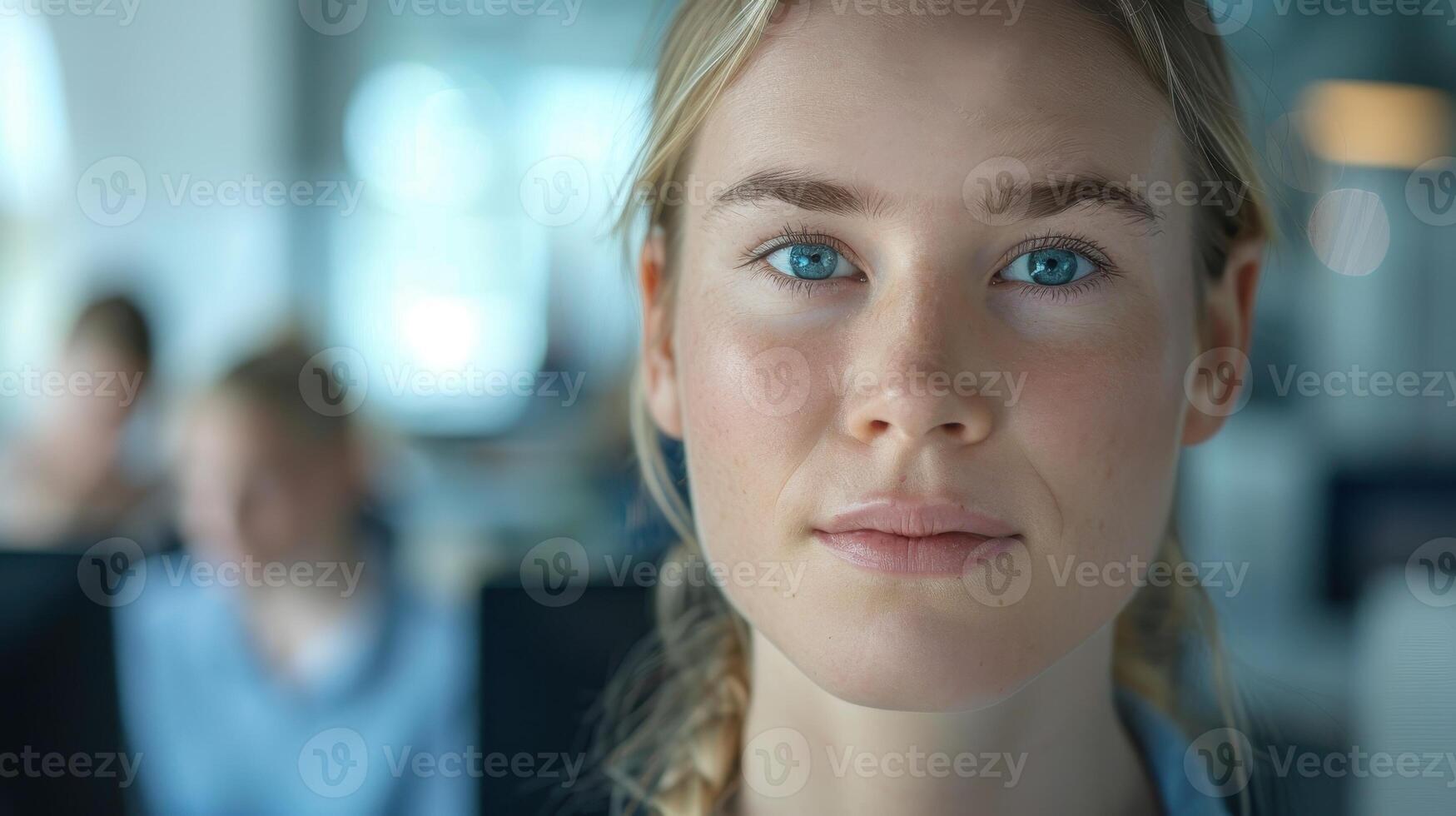 Close-up portrait of a young Norwegian female manager with blue eyes and freckles, looking directly at the camera in an office setting. photo