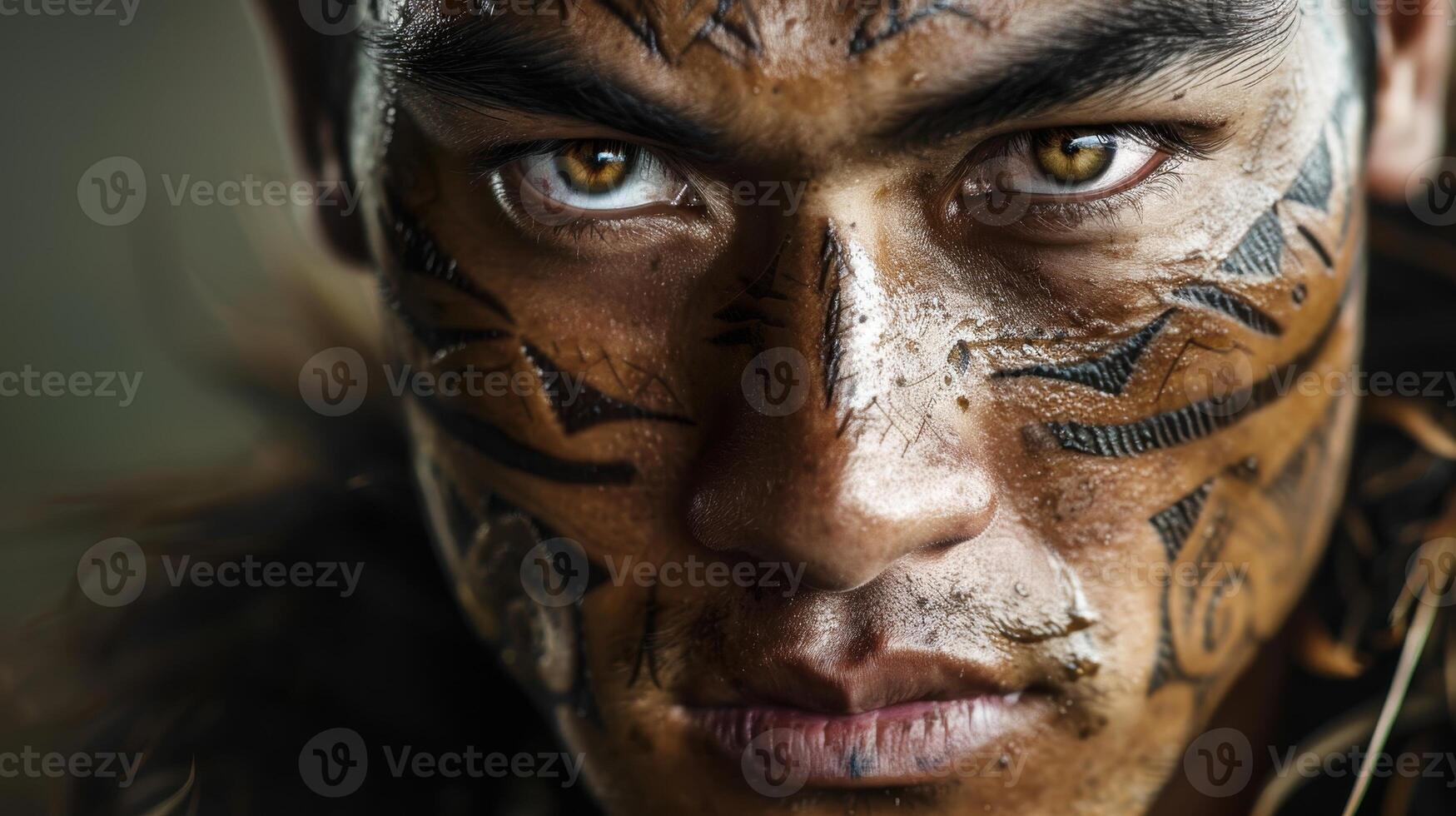 Close-up portrait of a young Maori male warrior with traditional face paint. photo
