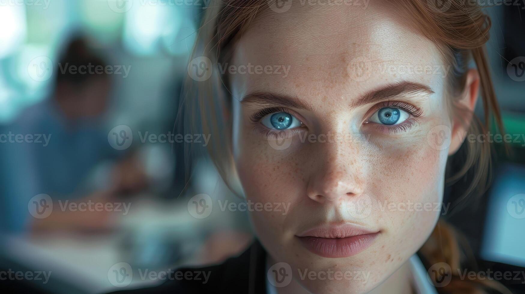 Close-up portrait of a young Irish female manager with a confident expression, in a modern office setting. photo
