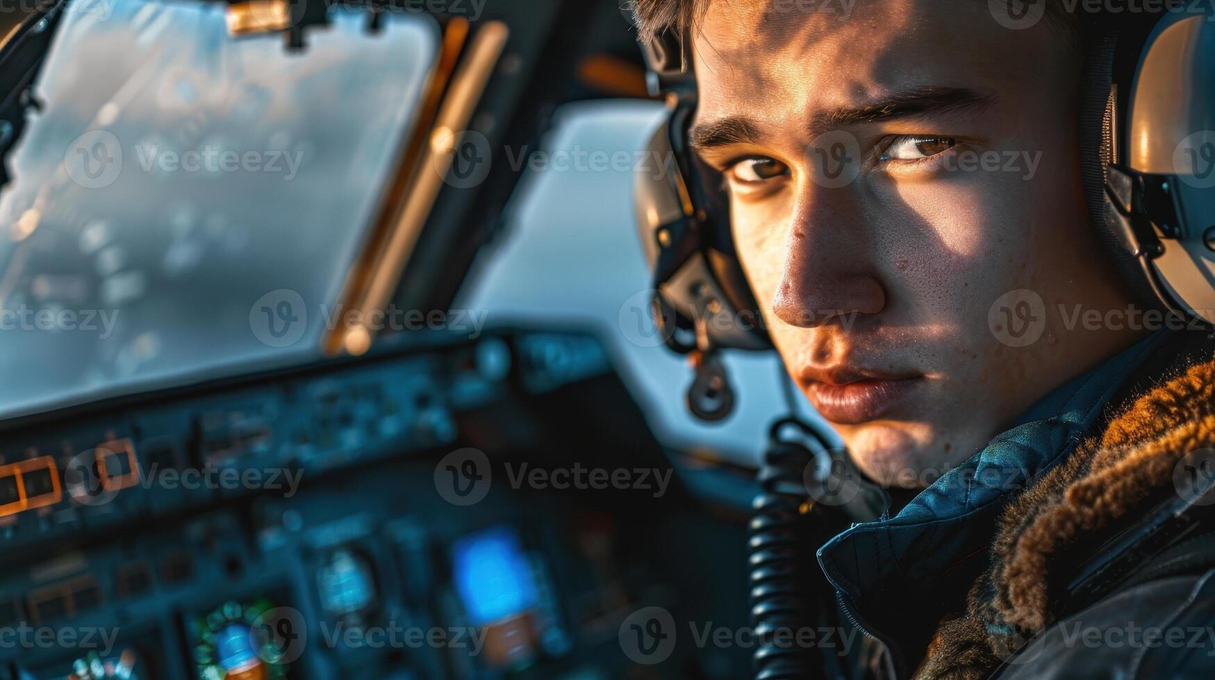 Young pilot in cockpit with headset, intense expression photo