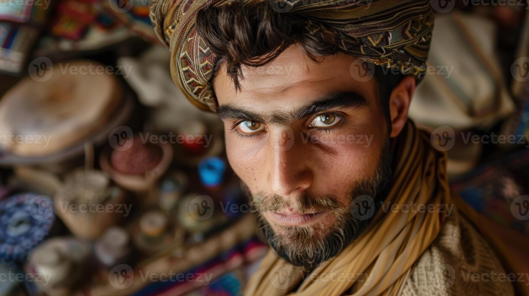 Close-up portrait of a young Pashtun male artisan with a serious expression, dressed in traditional clothing and headwear, against a background of colorful fabrics. photo