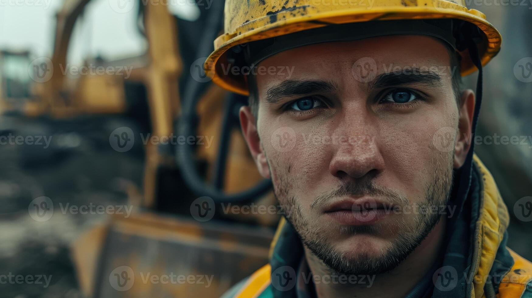 Close-up portrait of a young Ukrainian male construction worker. photo