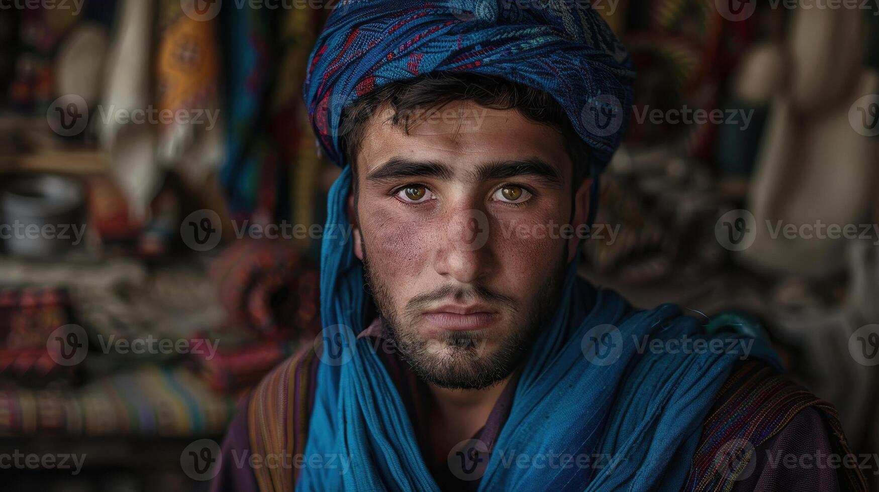 Close-up portrait of a young Pashtun male artisan with a serious expression, dressed in traditional clothing and headwear, against a background of colorful fabrics. photo