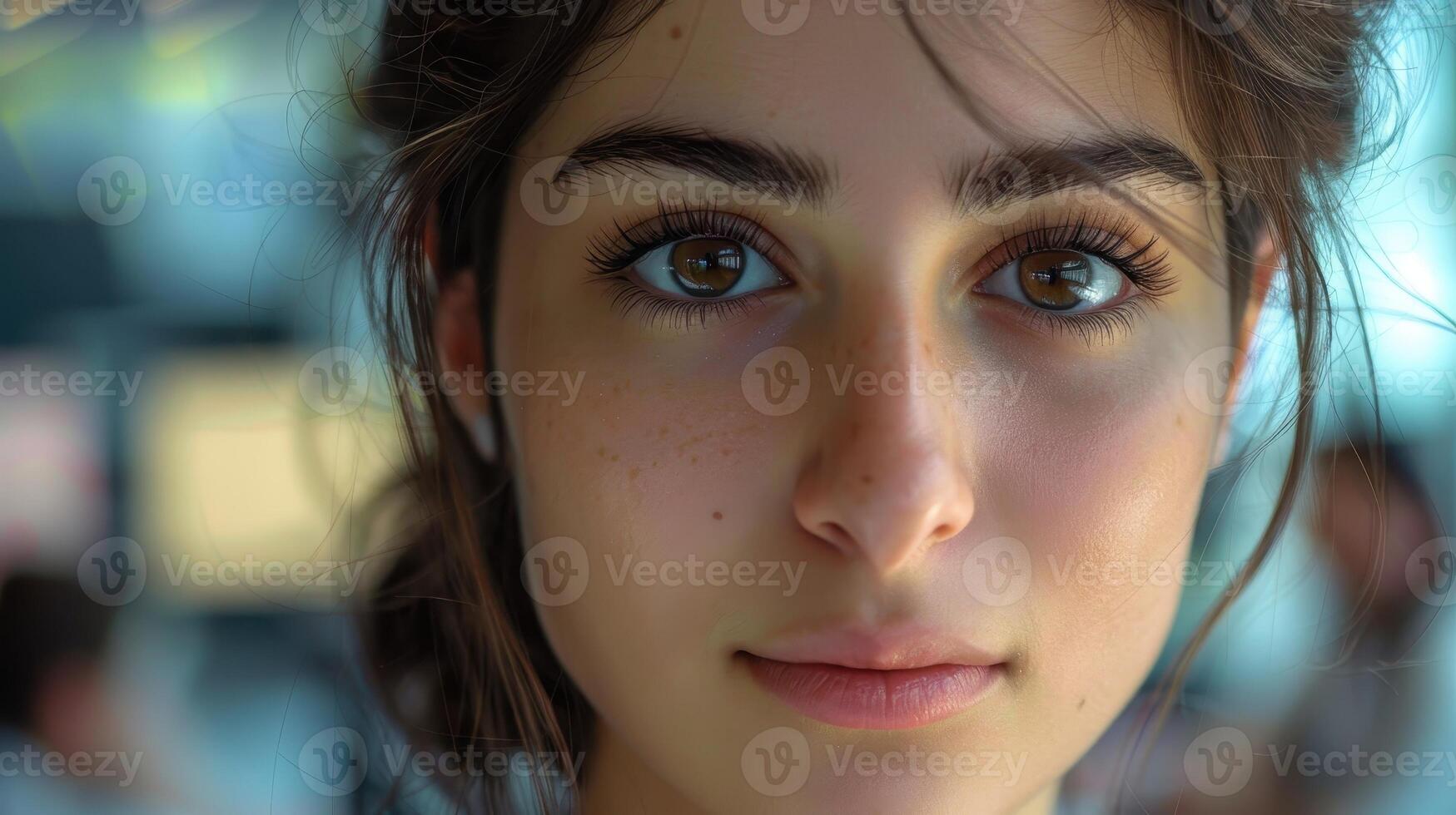 Close-up portrait of a young Italian female manager with a professional expression, in a modern office setting. photo