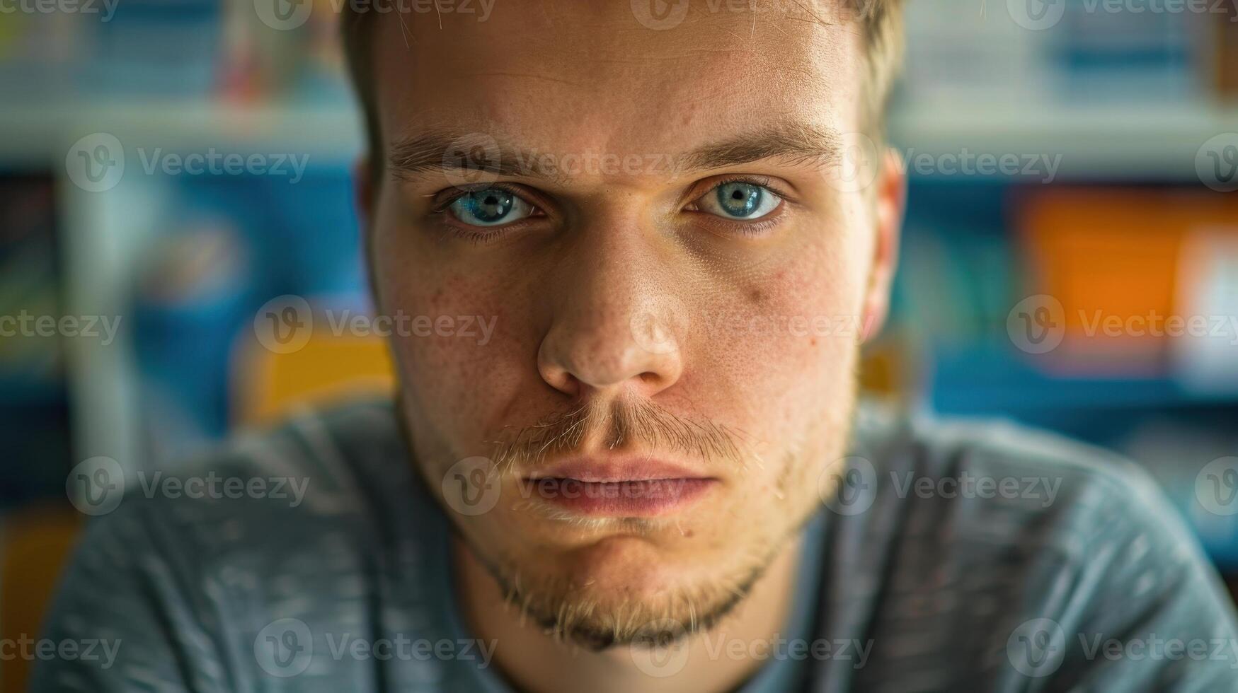 Close-up portrait of a young Norwegian male teacher with blonde hair and blue eyes, standing in a classroom. photo