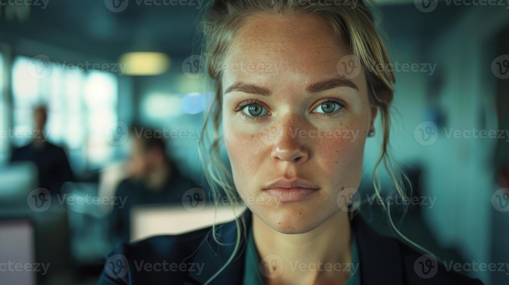 Close-up portrait of a young Norwegian female manager with blue eyes and freckles, looking directly at the camera in an office setting. photo