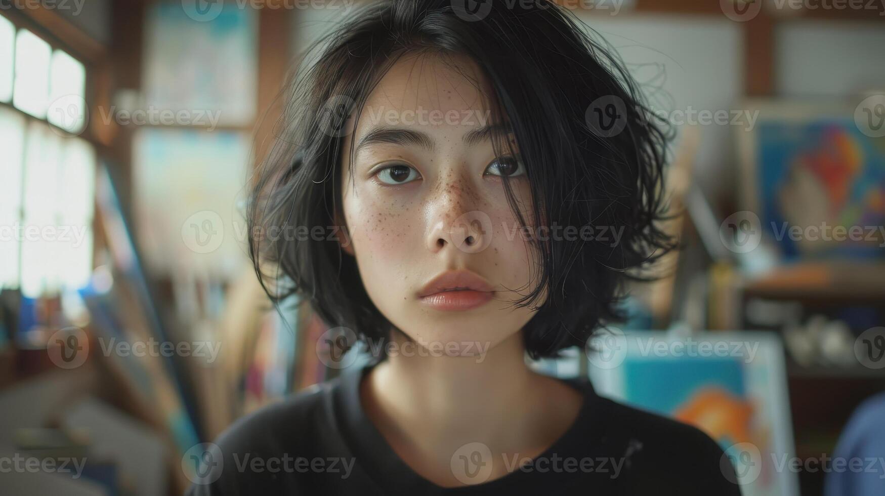 Close-up portrait of a young Japanese female artist with a thoughtful expression, holding a paintbrush, in a studio setting with artworks in the background. photo