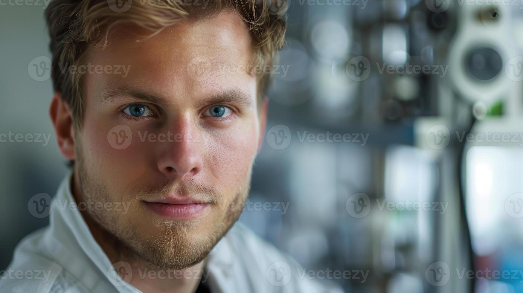 Close-up portrait of a young Norwegian male engineer with blue eyes and a beard, standing near a microscope in a laboratory. photo