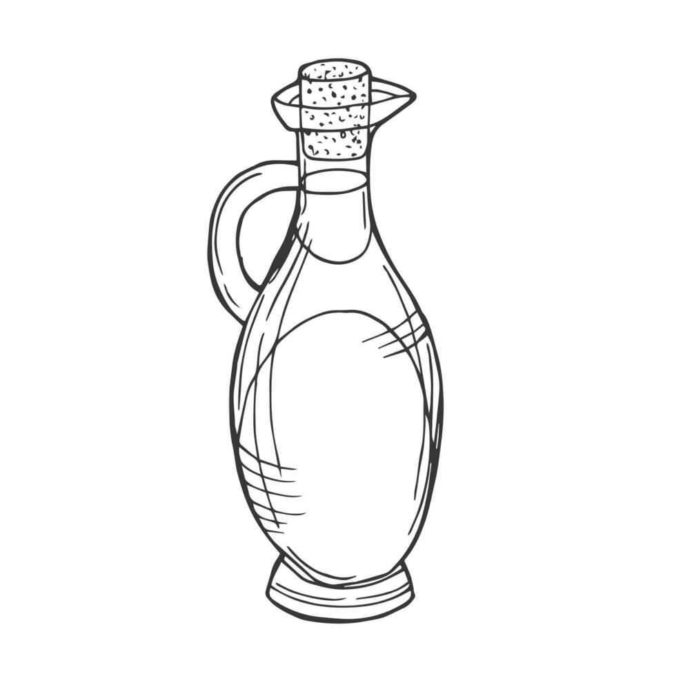 Glass bottle for oil, drinks, vinegar, monochrome illustration isolated on white background. Bottle for canola oil, olive, hand drawn sketch vector
