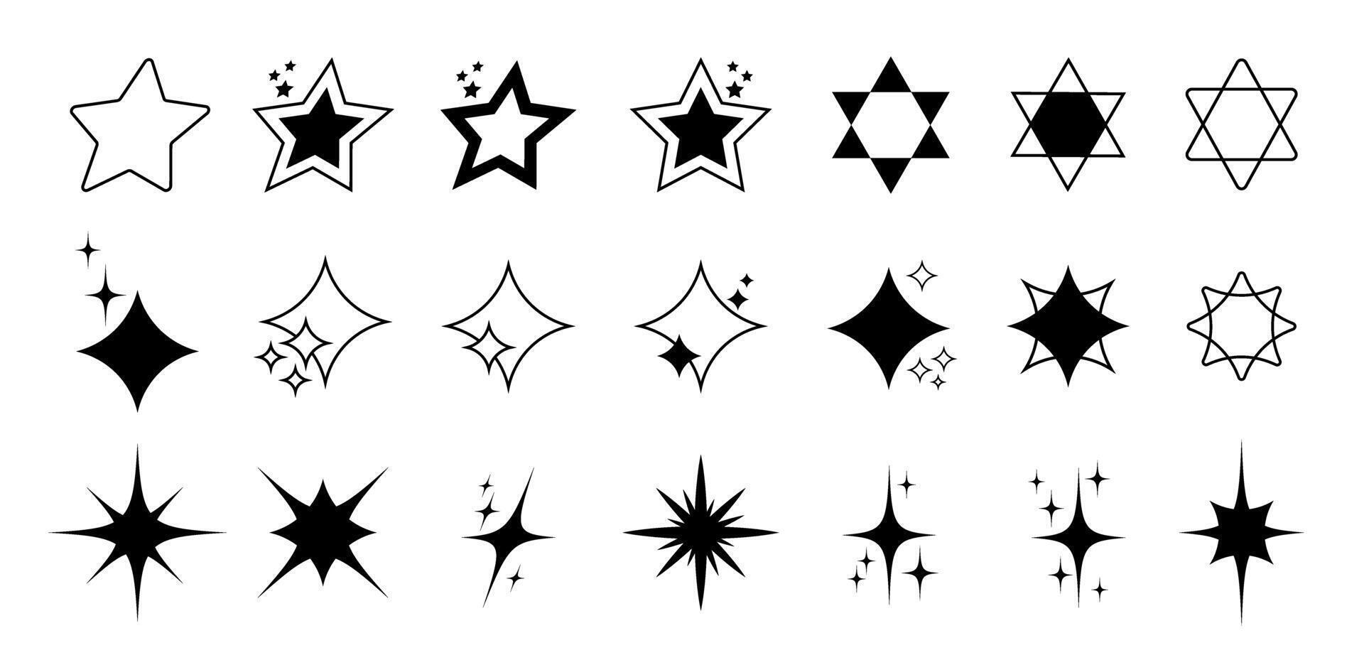 Variety of Star and Sparkle Icons in Black vector