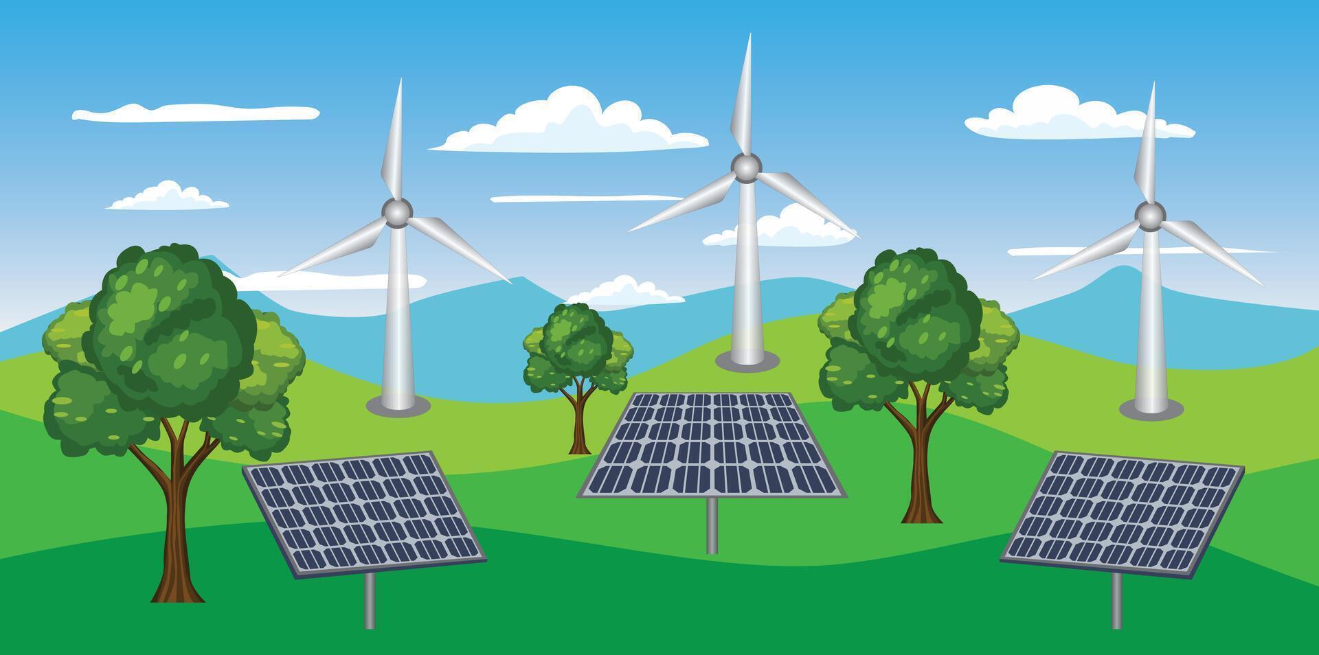 Solar panels, wind turbine on green landscape for green energy concept illustration vector