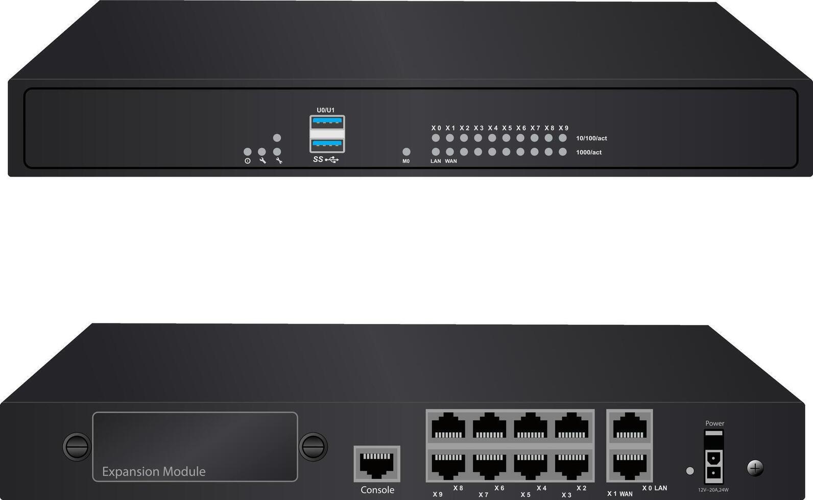 Firewall hardware device in front and back view illustration vector