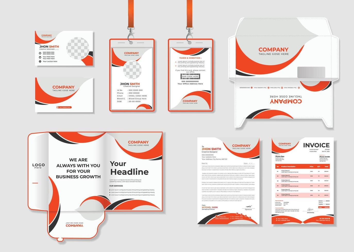 Professional business branding stationery set design template. Business office stationary mockup template of Business card, ID card, Envelope, Marketing File folder, Letterhead and Invoice design. vector