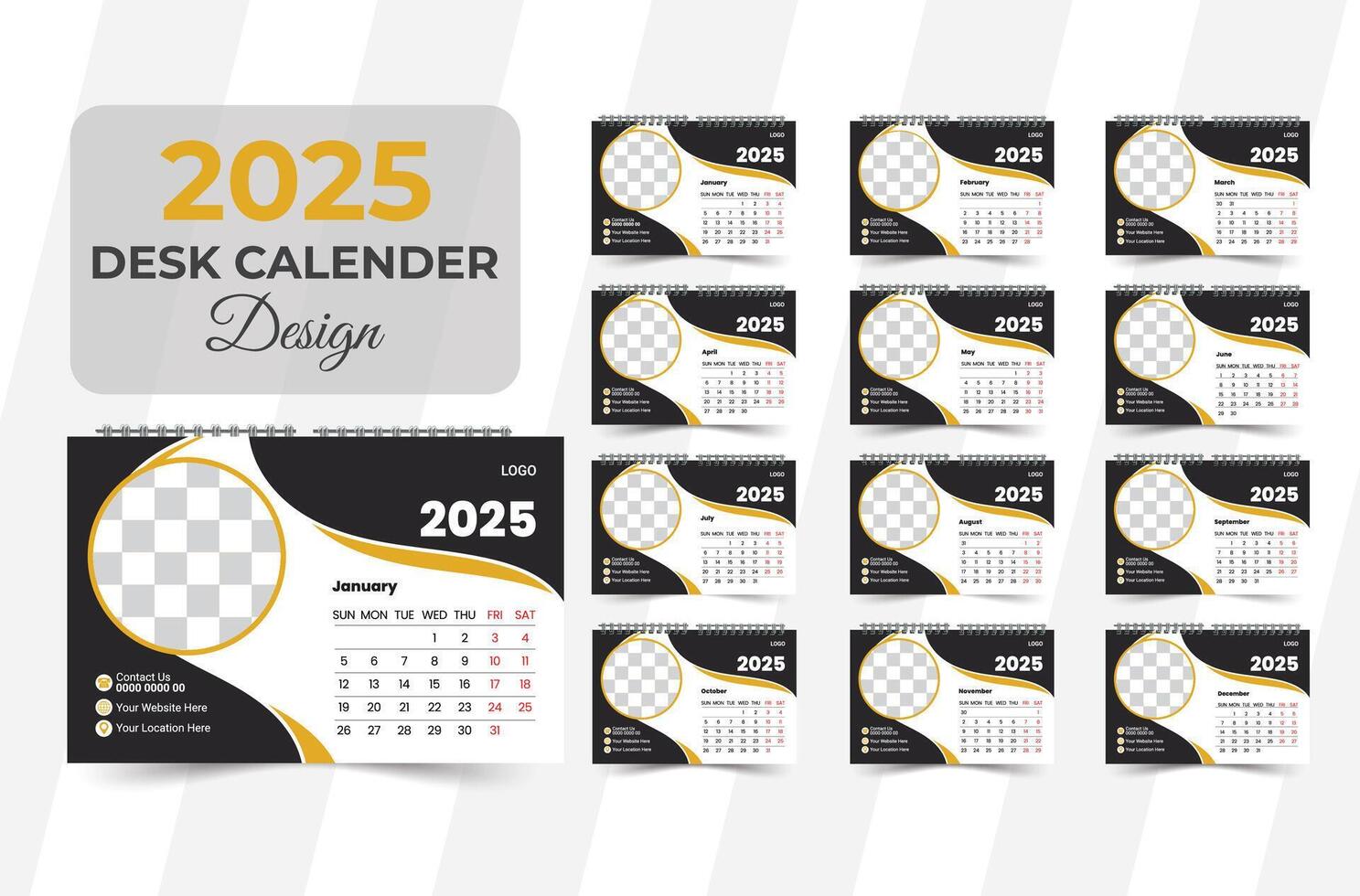 abstract modern new year 2025 desk calendar design template.2025 Desk Calendar Template Design,. Twelve page Desk calendar design for 2025. Desk calendar vector