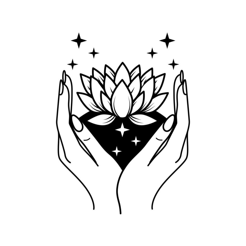 illustration of a lotus flower held by two hands with stars surrounding it. The black and white design emphasizes spirituality and healing. 48803048 Vector Art at Vecteezy