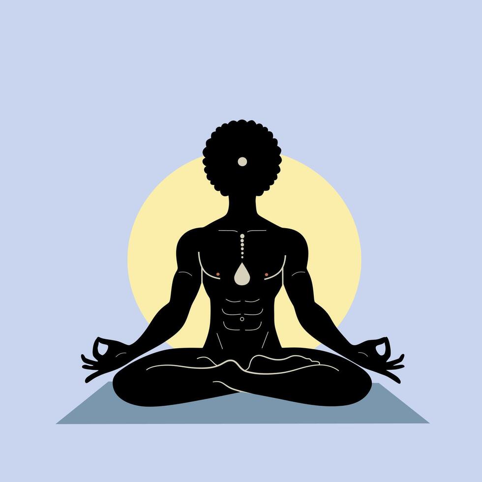 illustration of a person with an afro sitting in a meditative pose, silhouetted against a light blue background with a yellow sun. Yoga pose in the lotus position, meditation. vector
