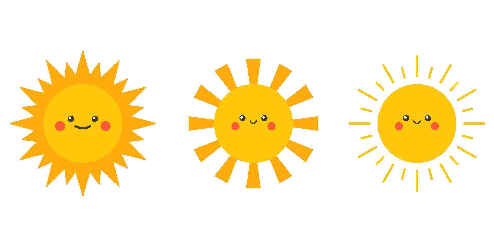 Children's illustration of sun with cute face in three variations. Sun with smiling face in simple style vector