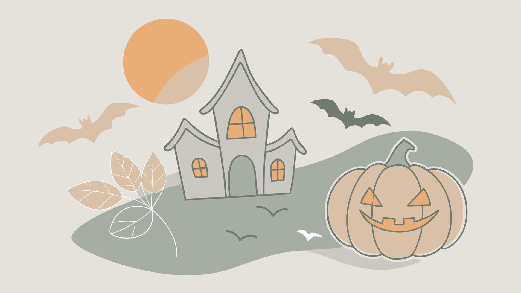 halloween pumpkins and house with bats vector