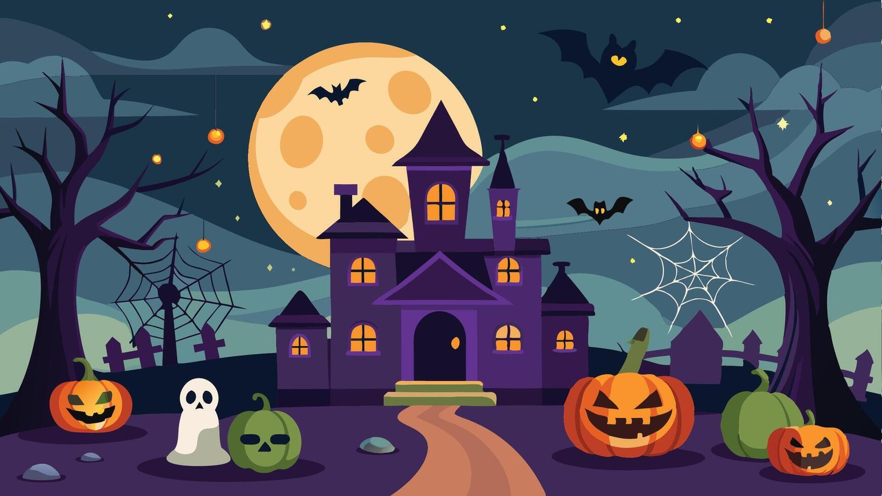 halloween background with haunted house, pumpkins and bats vector