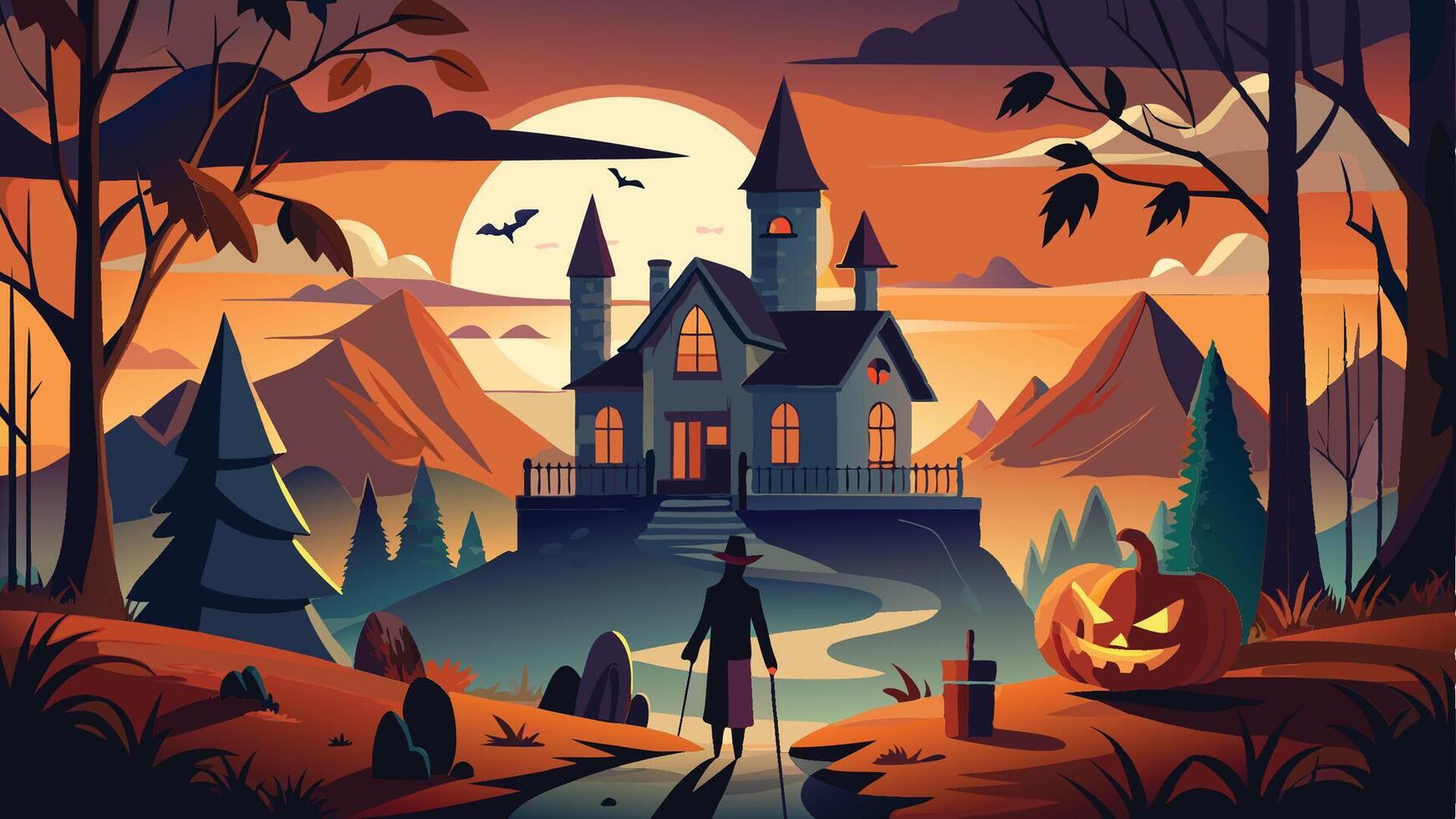 halloween illustration with a castle and pumpkin vector
