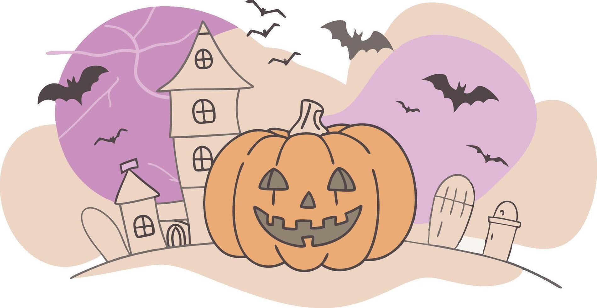 halloween pumpkin with graveyard and bats illustration vector