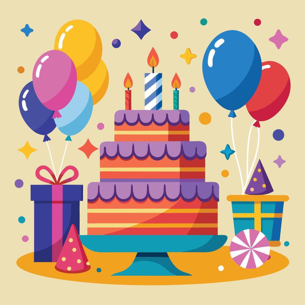birthday cake with candles and balloons on a table vector