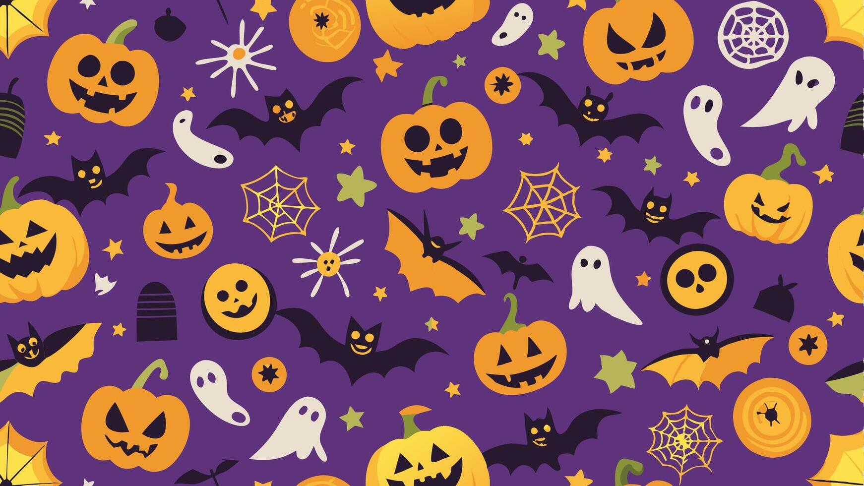 halloween seamless pattern with pumpkins, bats and ghosts vector