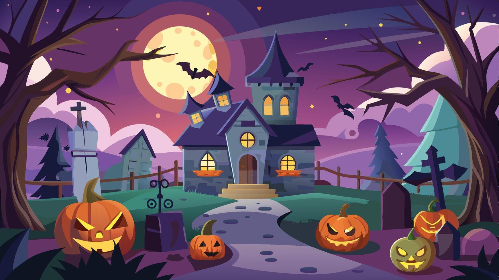 halloween background with pumpkins and haunted house vector