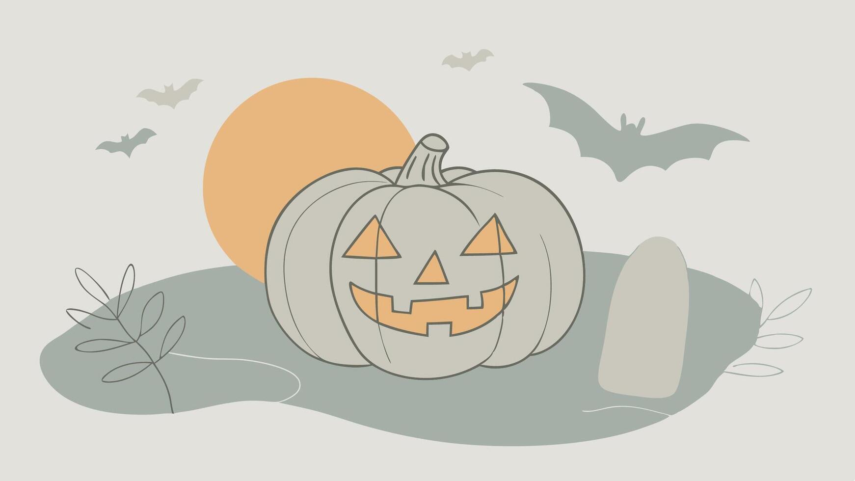 halloween pumpkin with bats and tombstone illustration vector