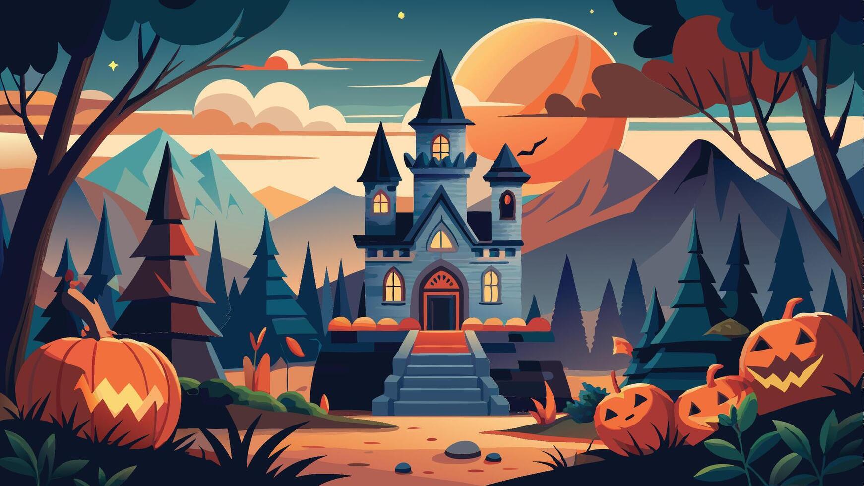 halloween illustration with castle and pumpkins vector