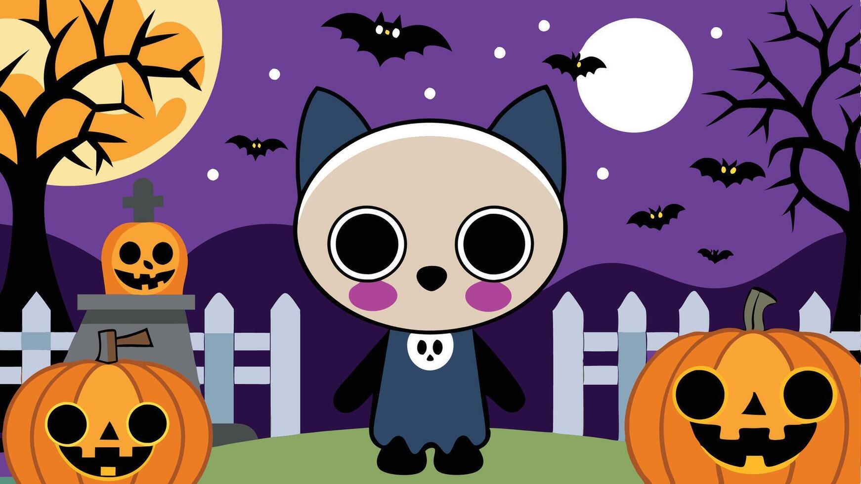a cartoon cat with a pumpkin and bats vector