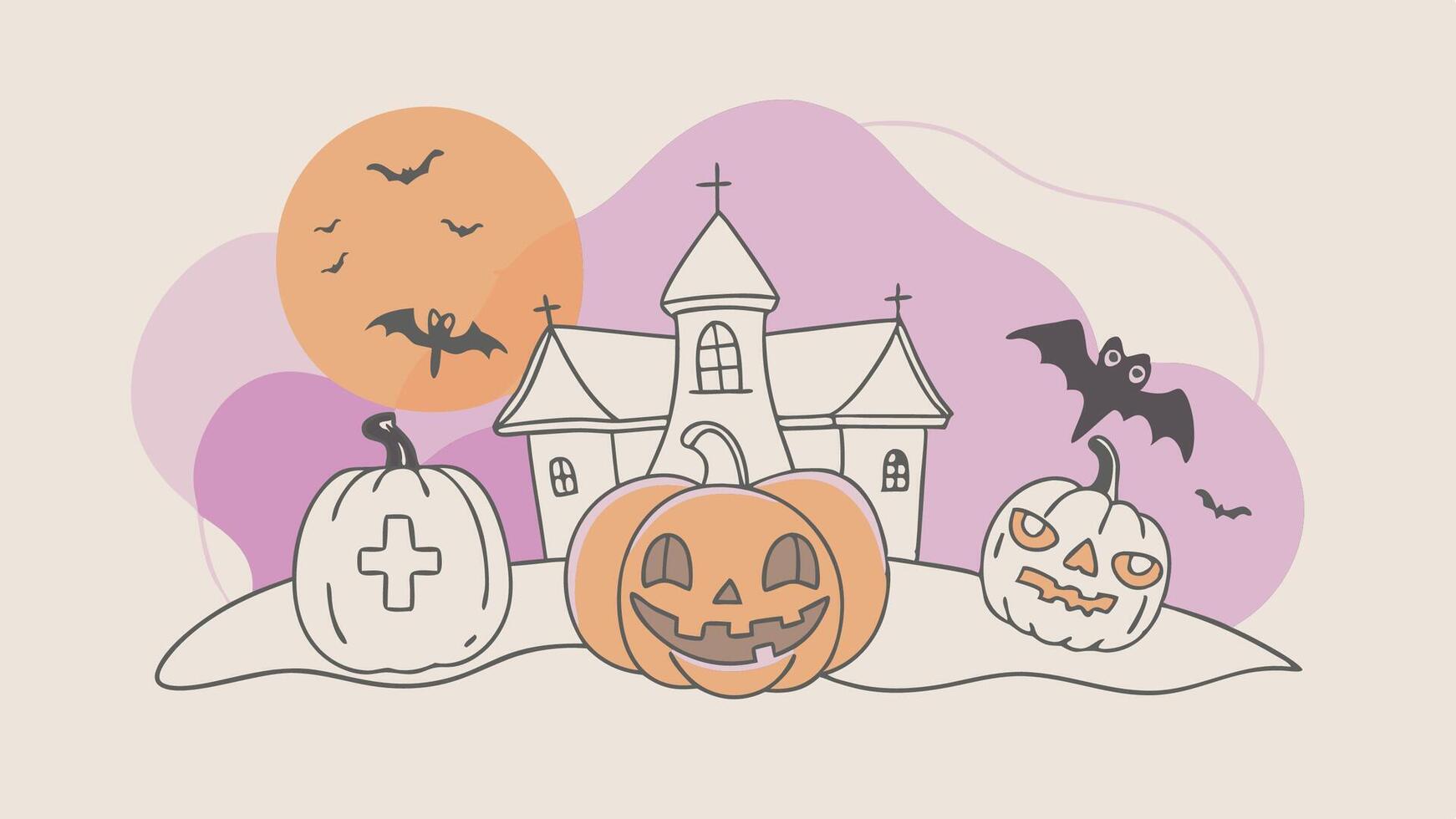 halloween pumpkins and a castle with bats vector