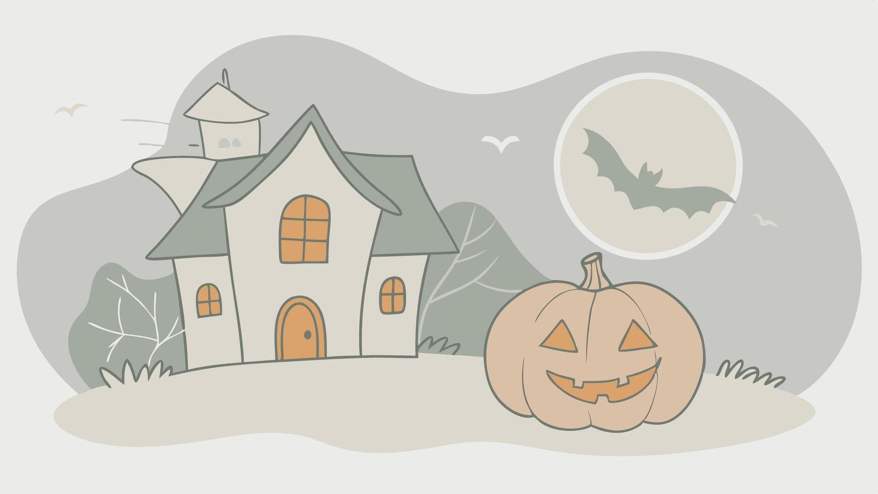 halloween house with pumpkin and bat vector