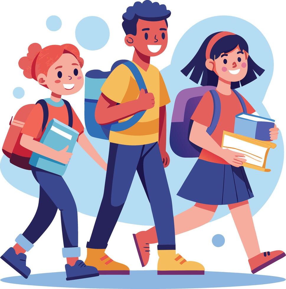 three children with backpacks and books walking together vector