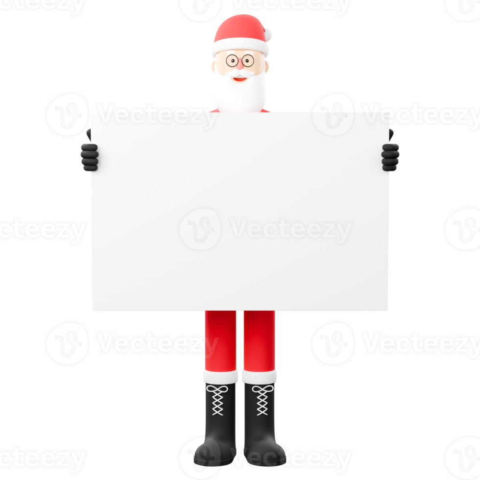 A Santa Claus holds the side of a blank white board png