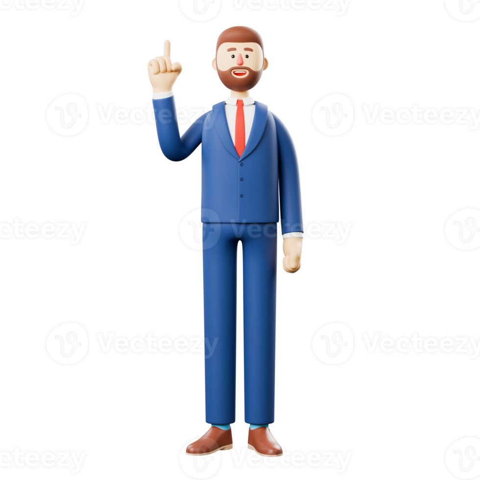 3D illustration of a smiling entrepreneur pointing upwards who generates a new idea, cartoon character portrait of an investor who generates a new idea concept. png