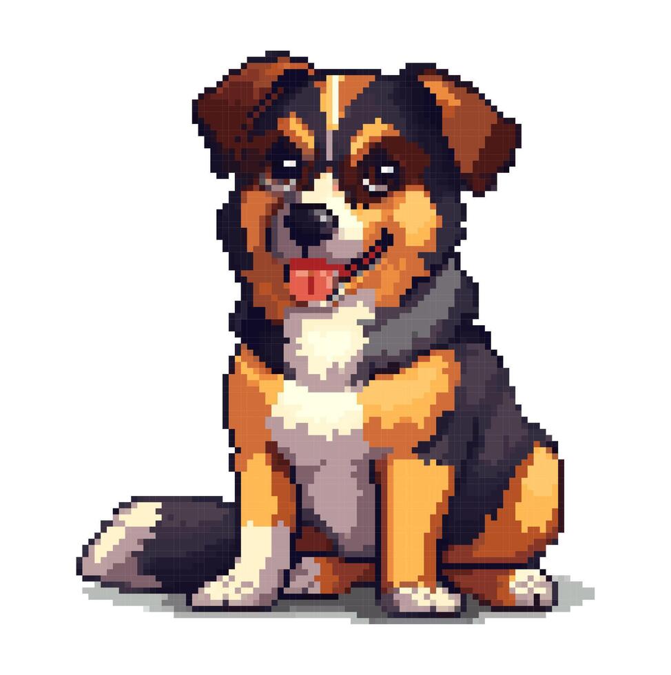 Dog pixel art. Mixes breed cute puppy, 8 bit pixel style. game retro pixelated dog mascot, black and yellow friendly dog avatar. Playful meme character. Isolated illustration vector
