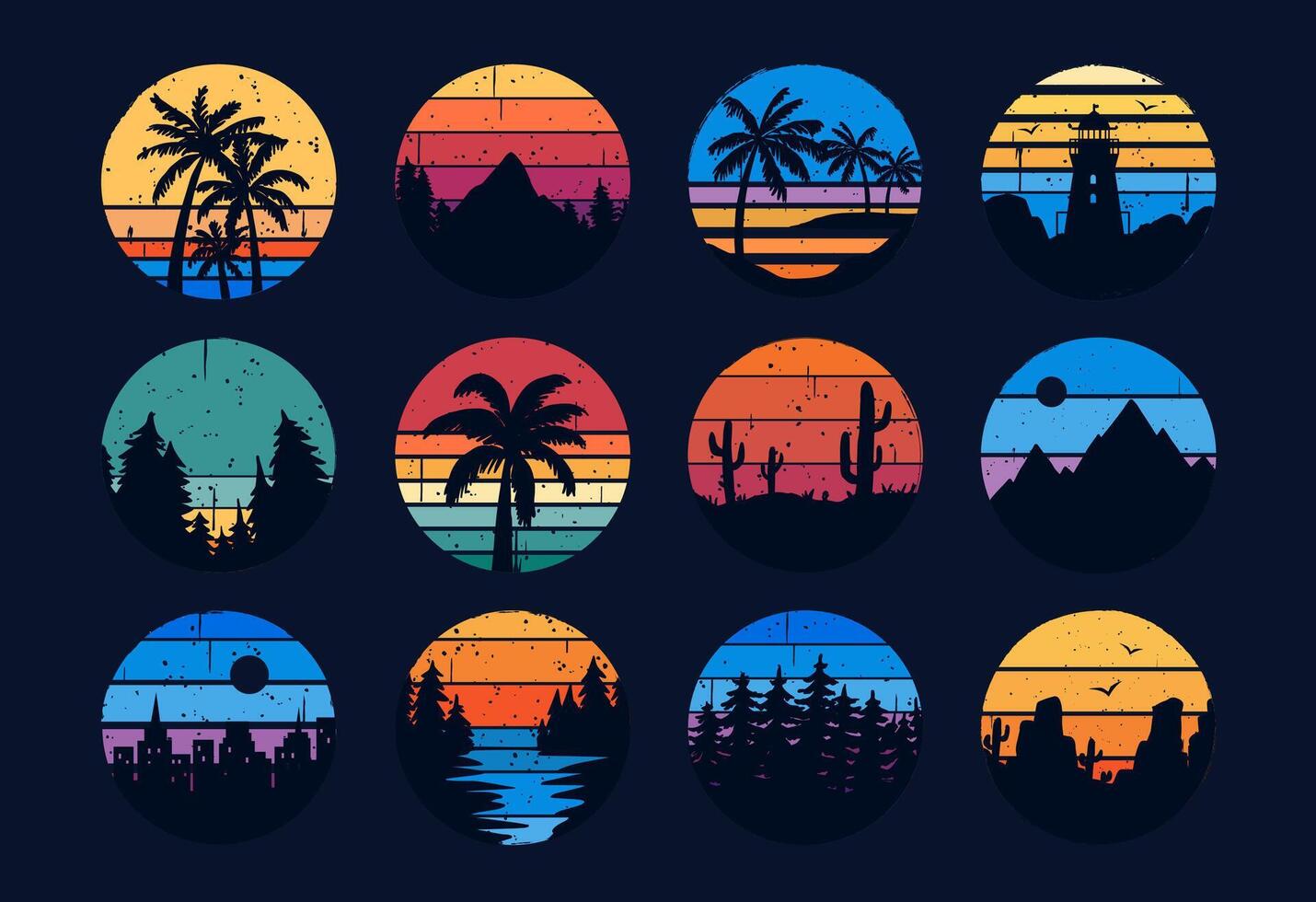 Retro 80s sunset. Grunge striped round cyberpunk sunrise. Abstract synthwave silhouettes with lighthouse, beach. 90s textured background with mountain, desert, forest, ocean and palms. set vector