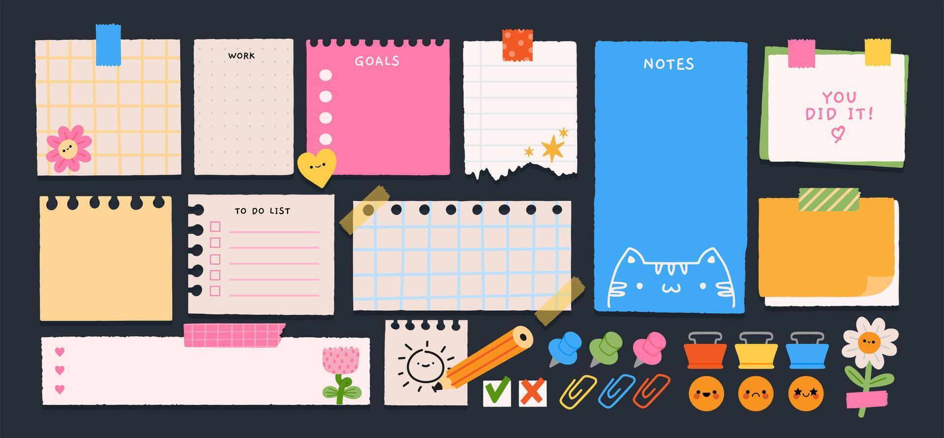 Paper sticker notes. Cartoon sticky sheets. Organization tapes, remind papers memo pages, notebook sticker, goal management office board blank for message. Scrapbooking with clips and pins set vector