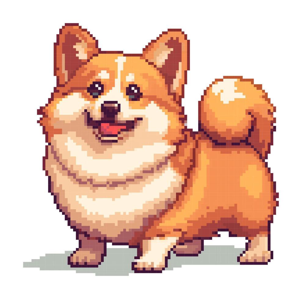 Pixel dog. Corgi cute puppy, 8 bit pixel art style. game retro pixelated dog mascot, small brown dog avatar. Playful meme pet character. Isolated illustration vector
