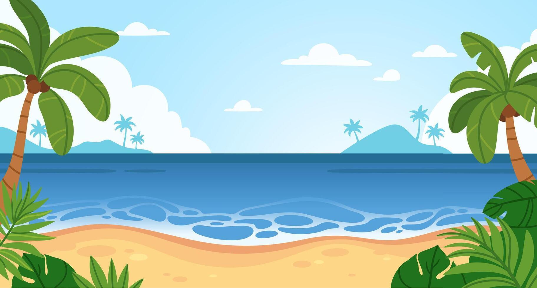 Beach with palms. Summer day sea landscape. Nature paradise with palm trees, sand, blue ocean waves. Shoreline with tropical plants. Background with relax beach. illustration vector